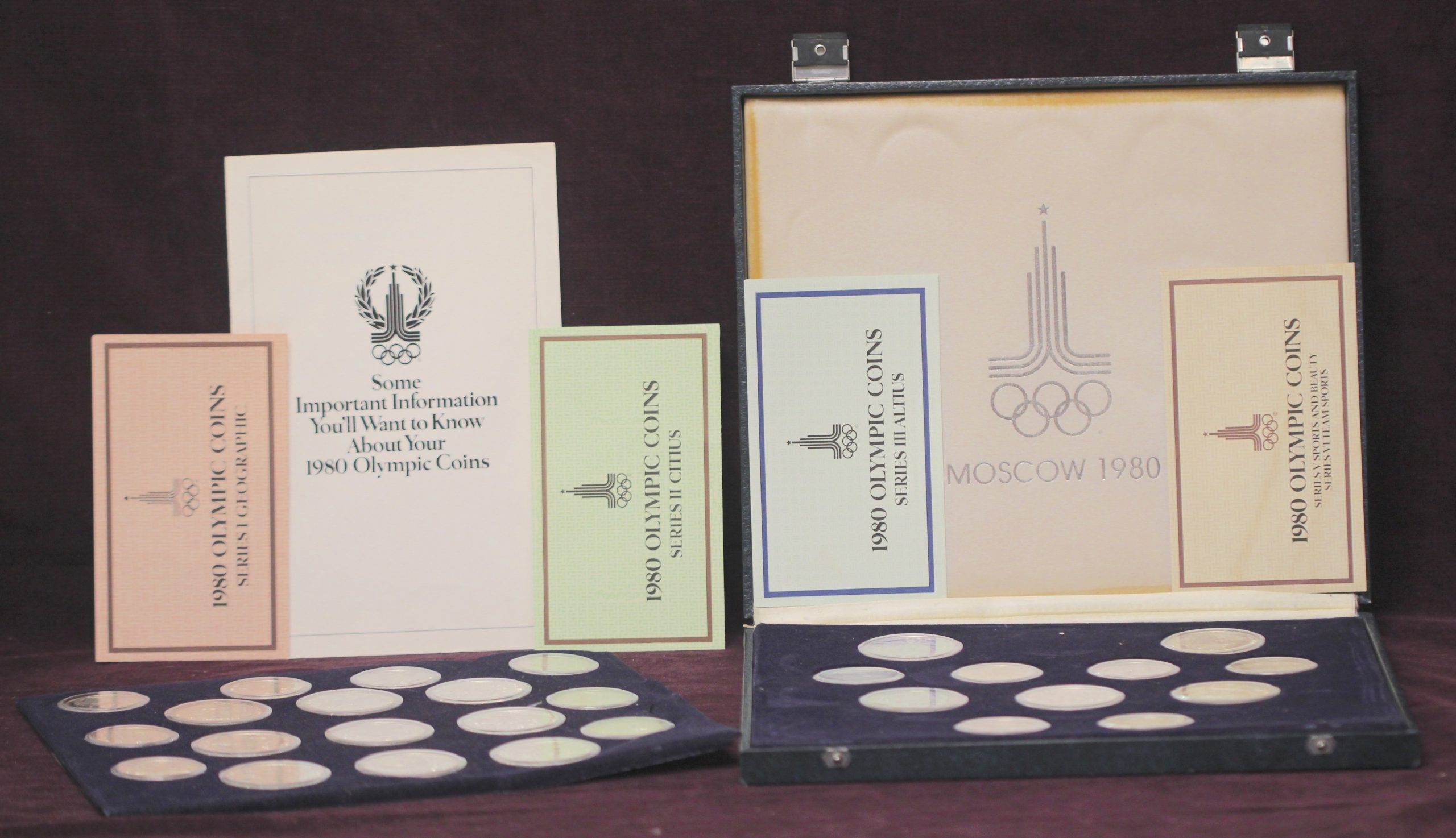 1980 MOSCOW OLYMPICS SET OF 28 .900 FINE SILVER COINS WITH CASE